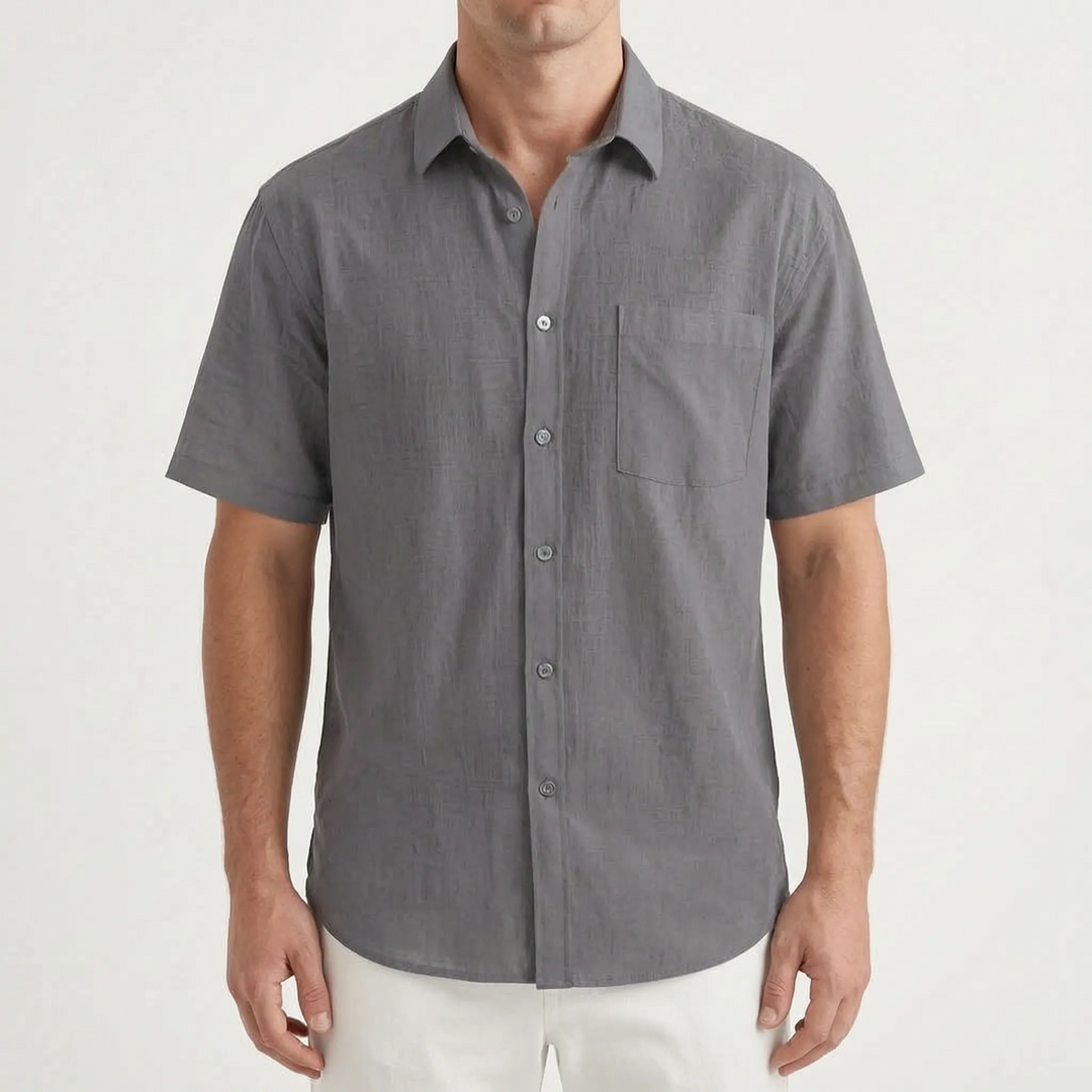 White men's relaxed fit short-sleeve shirt, a breathable casual button-up for warm summer days.