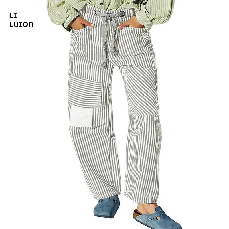 Men's relaxed fit striped patchwork pants with drawstring waist. Casual & comfortable for effortless style.