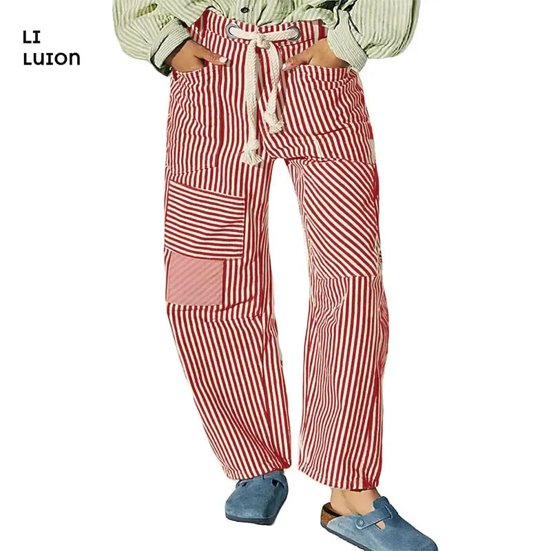 Comfortable men's relaxed striped patchwork pants. Drawstring waist for effortless casual wear & unique style.