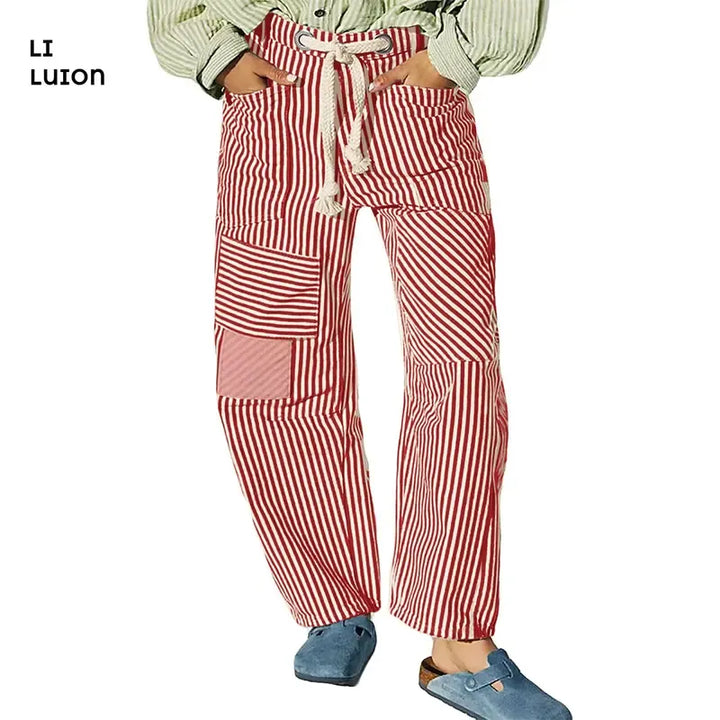 Comfortable men's relaxed striped patchwork pants. Drawstring waist for effortless casual wear & unique style.