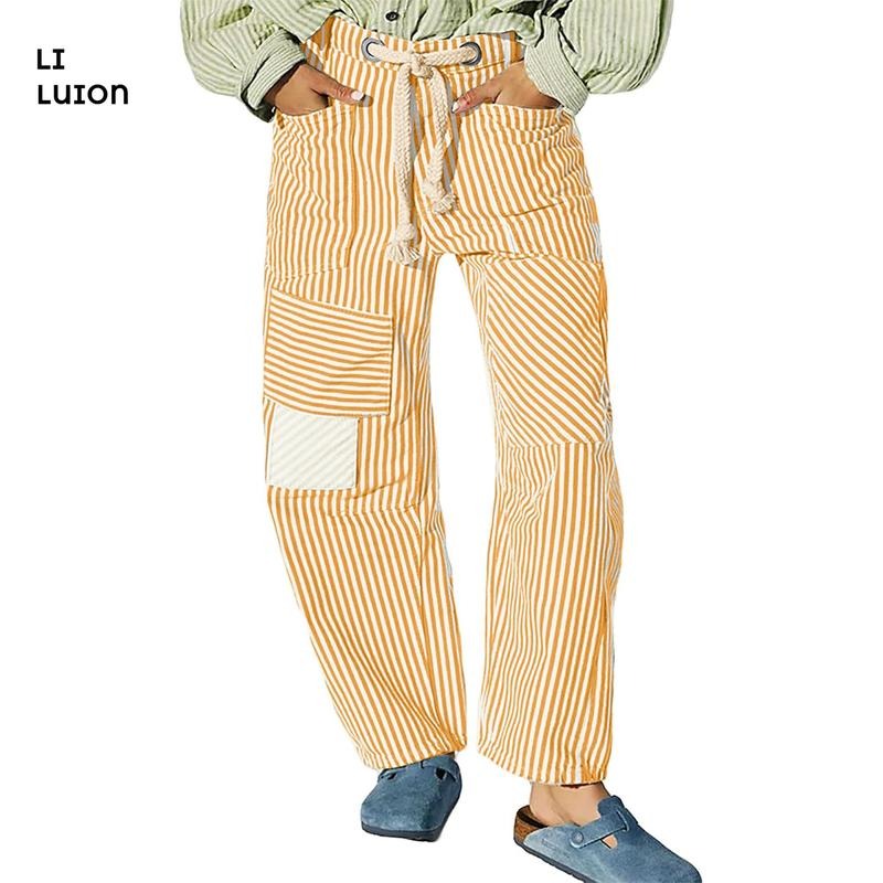 Detailed view of men's striped patchwork pants fabric, highlighting unique patterns & relaxed, comfortable fit.
