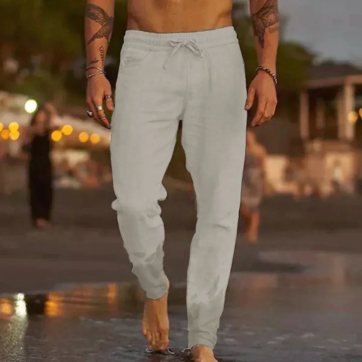 Stylish men's relaxed fit tapered pants, ideal for casual wear, summer outings, and effortless coastal fashion.