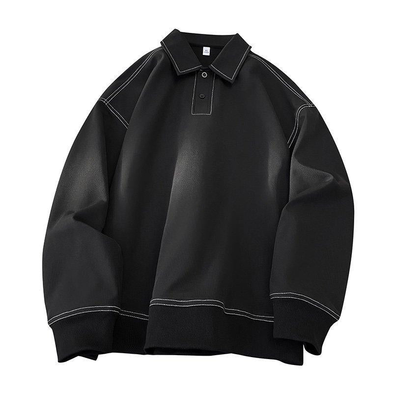 Men's black casual two-piece set: relaxed fit pullover top and matching comfortable trousers. Versatile loungewear.