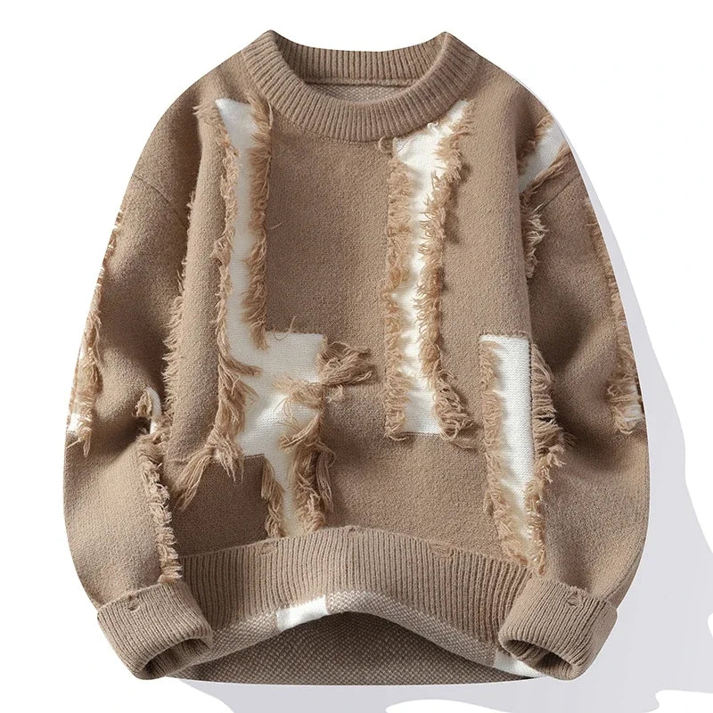 Stylish men's statement frayed sweater. Relaxed fit with bold contrast, perfect for modern casual & distressed fall fashion.