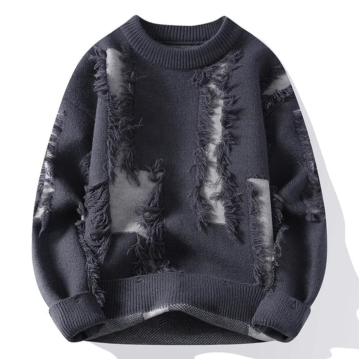 Cozy men's relaxed fit frayed sweater. Bold contrast details & distressed knit define this modern fall fashion piece.