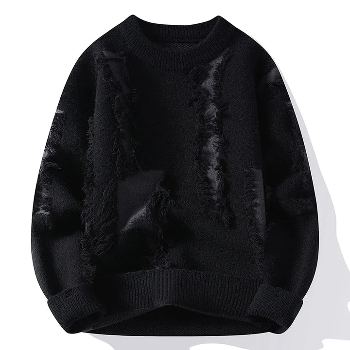 Men's relaxed frayed sweater, a modern statement piece with bold contrast & distressed details for fall casual style.