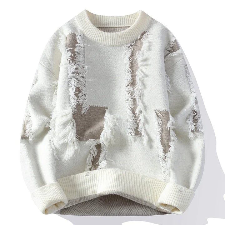 Distressed men's relaxed frayed sweater. Bold contrast trim and a modern knit for comfortable fall & winter casual wear.