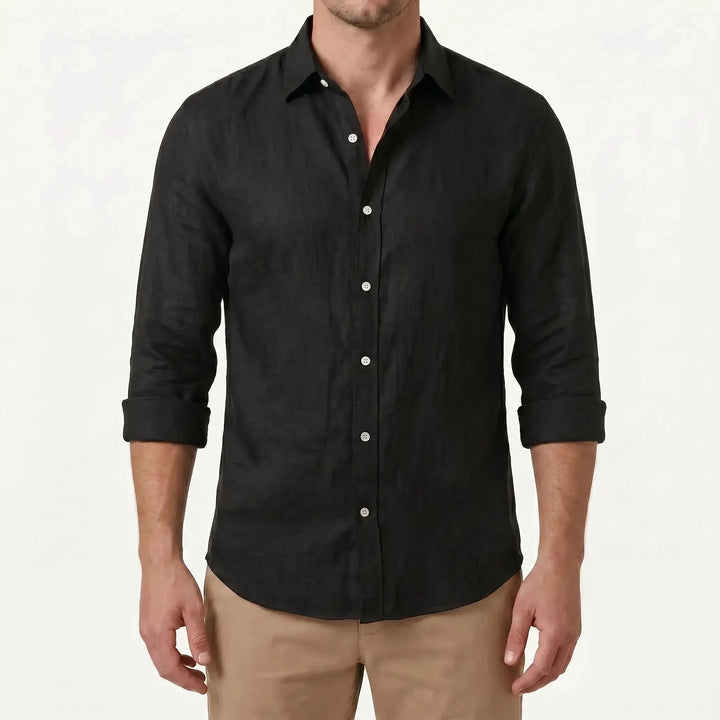Men's solid color long-sleeve button-up shirt, relaxed fit, perfect for casual summer outings.