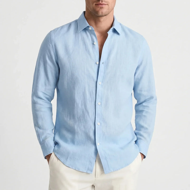 Lightweight men's long-sleeve button-up shirt with a relaxed fit for casual summer style.