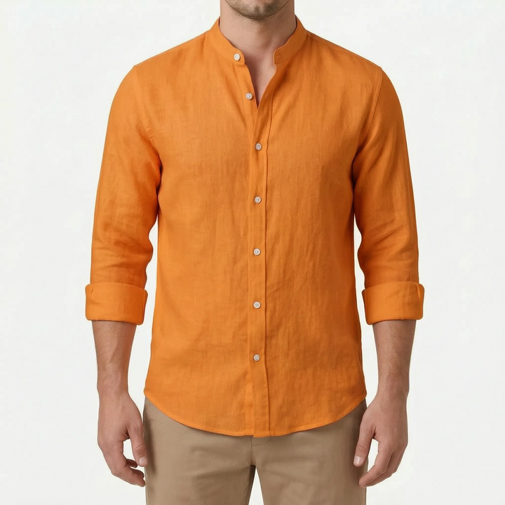 Everyday men's button-up shirt, a relaxed fit long-sleeve top in a solid, lightweight fabric.