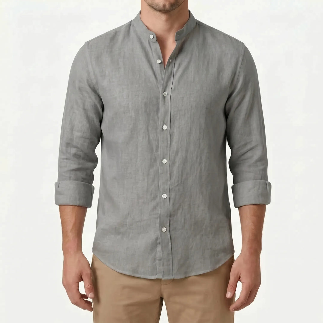 Summer style men's long-sleeve button-up shirt, casual with a relaxed fit and solid color.
