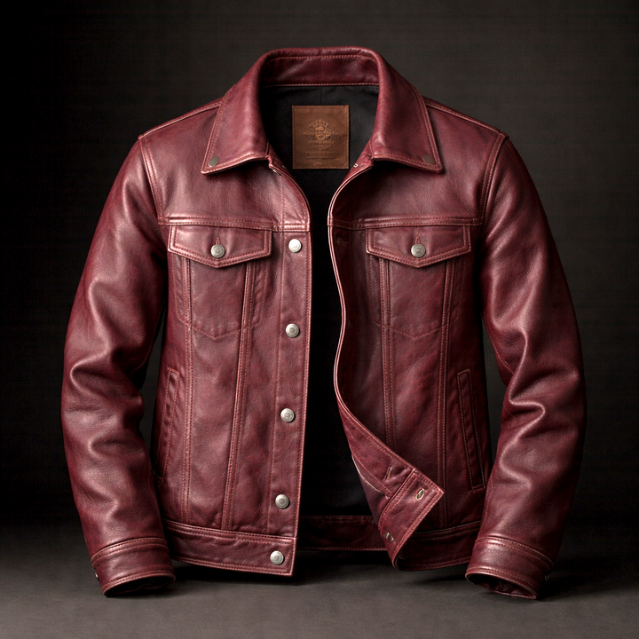 Close-up of a men's rugged trucker jacket, dark wash, featuring snap buttons and a vintage style.