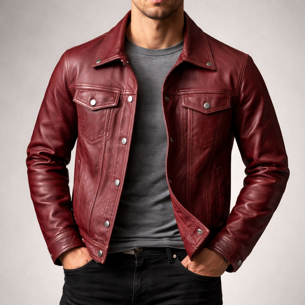 Full shot of a men's vintage style Renegade Trucker Jacket, offering a rugged, casual and rebel fashion look.