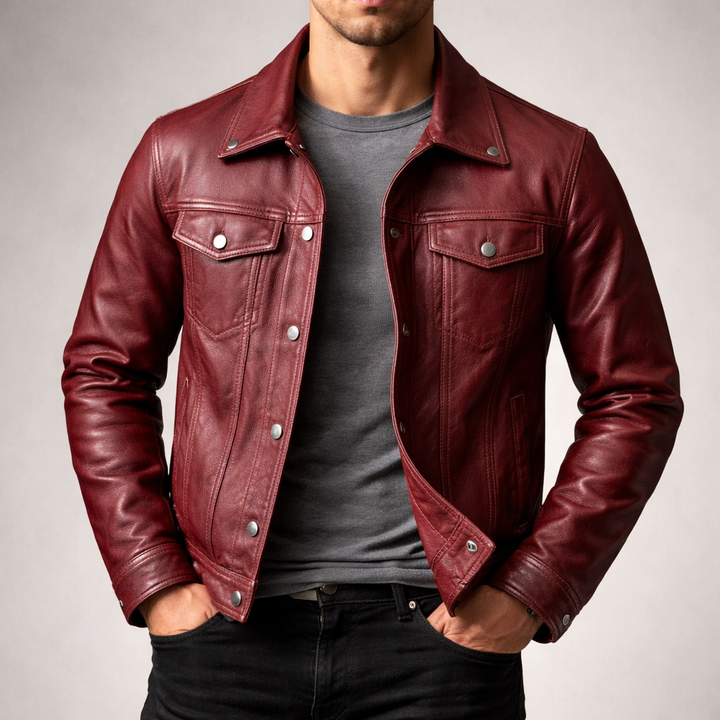 Full shot of a men's vintage style Renegade Trucker Jacket, offering a rugged, casual and rebel fashion look.