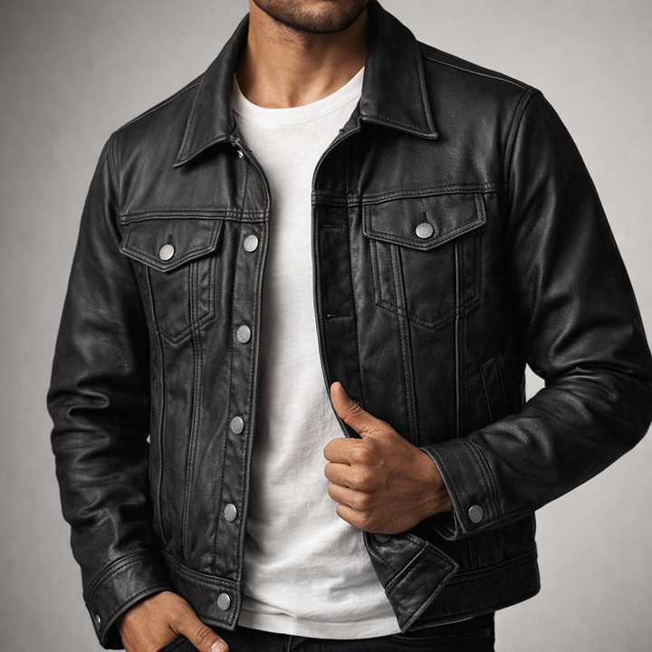 Stylish men's Renegade Trucker Jacket, perfect for casual outerwear. Vintage look, rugged design with snap buttons.