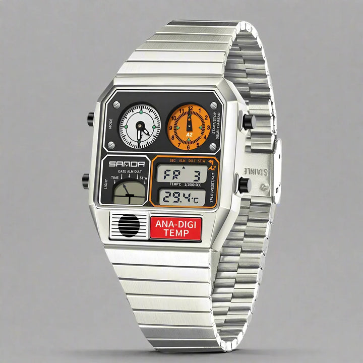 Men's water-resistant analog-digital watch. Retro style, dual display, temperature monitor, metal bracelet.