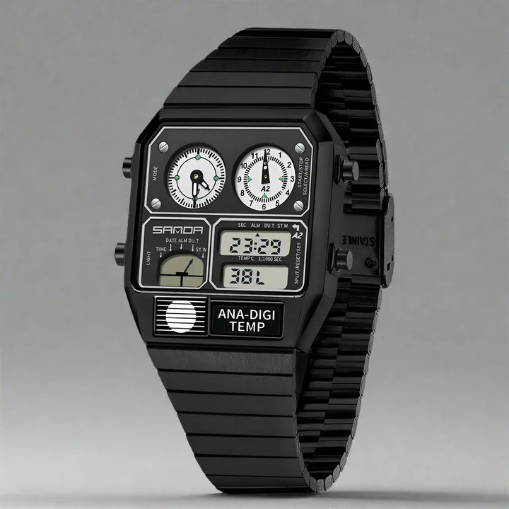 Classic men's retro dual display analog-digital watch. Illuminated dial, metal band, perfect men's accessory.