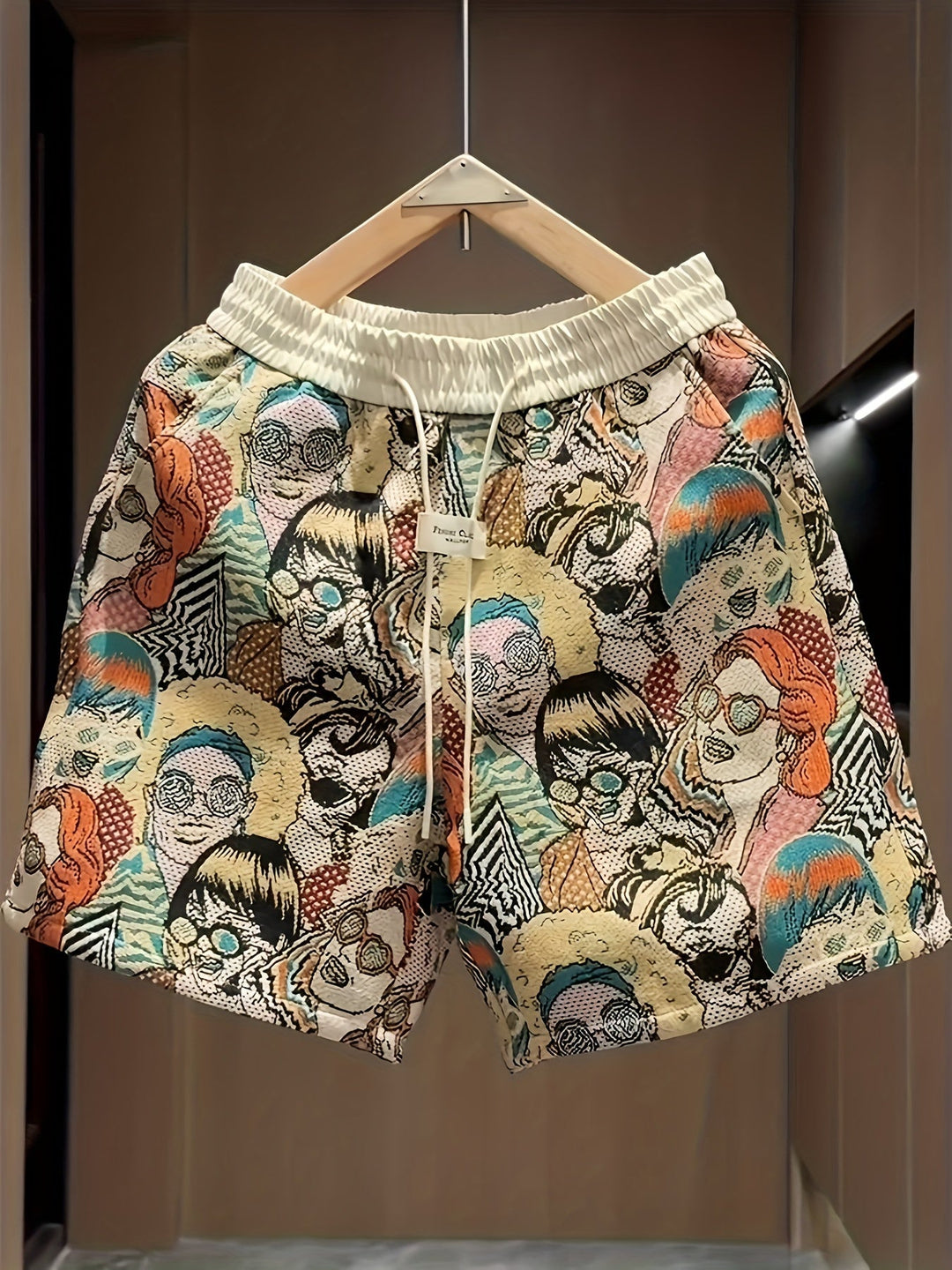 Men's retro pop art print shorts, vibrant graphic casual wear with drawstring, perfect for summer bold style.
