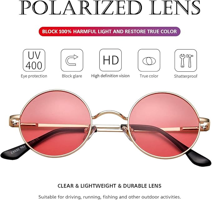 Men's vintage round frame polarized sunglasses, retro fashion, glare reduction, UV protection.