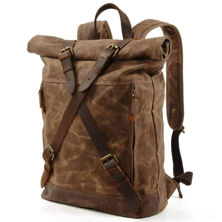 Men's retro waterproof leather survival backpack for outdoor adventures, front view