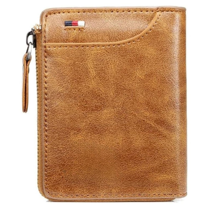 Black vintage men's RFID blocking zipper wallet. Secure multi credit card holder, compact leather billfold.