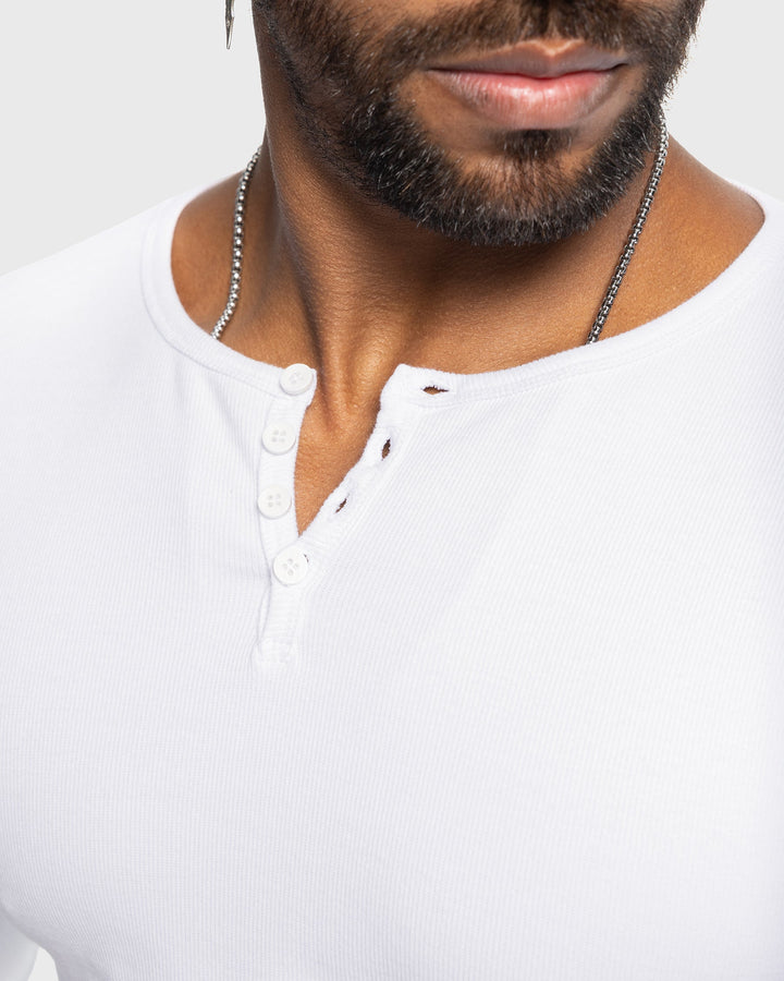Men's comfort shirt: a rib knit henley with long sleeves, great for daily wear and versatility.