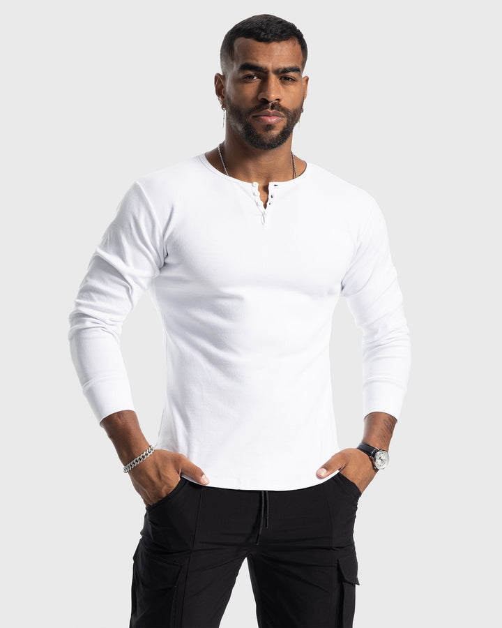 Everyday men's rib knit henley top, a long sleeve staple offering both style and comfort.
