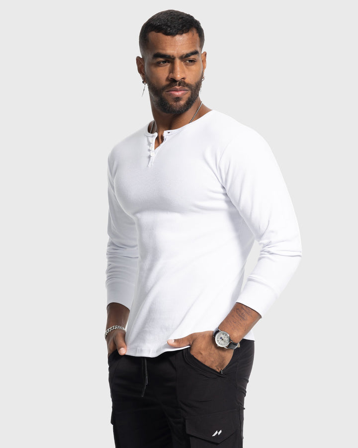 Men's athletic-fit rib knit henley, long sleeve, perfect for active or relaxed casual wear.