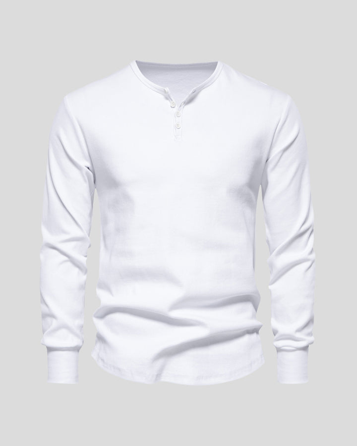 Ribbed men's henley shirt, long sleeve design for all-day comfort and easy layering.