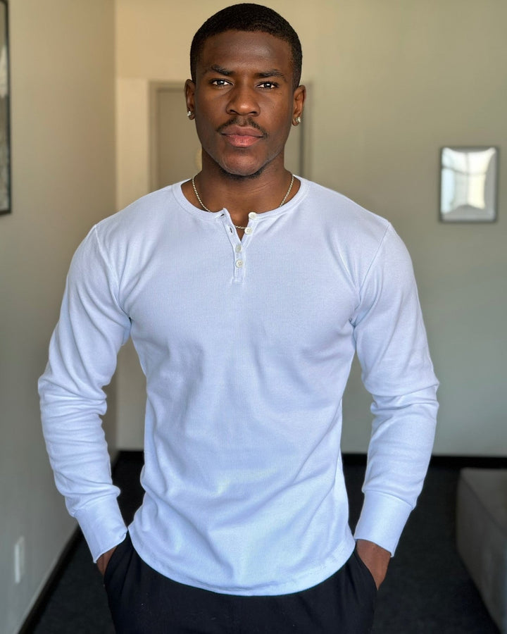 Stylish men's ribbed henley top, a versatile long sleeve basic for layering or everyday fashion.