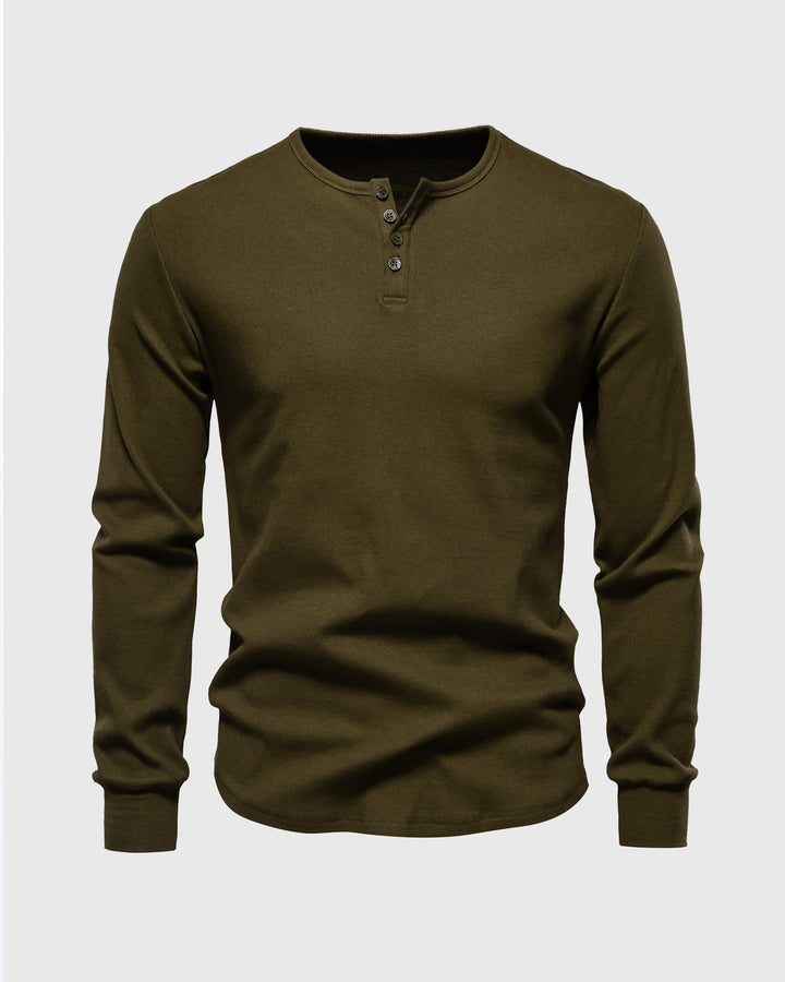 Athletic fit men's henley shirt in rib knit, ideal for versatile everyday comfort and style.