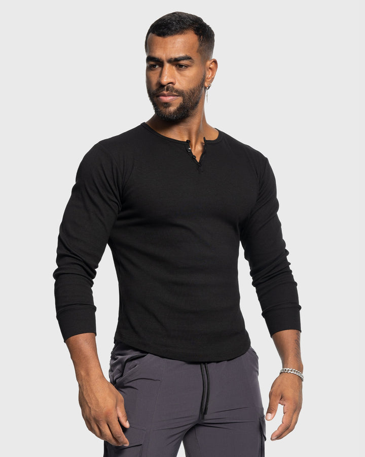 Men's fashion henley, a rib knit long sleeve top designed for ultimate everyday comfort.