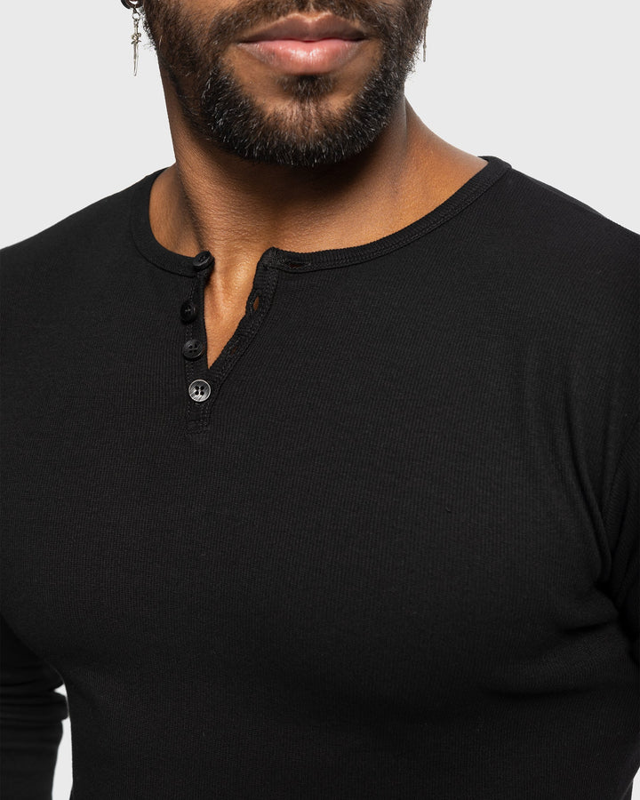 Basic men's rib knit henley shirt, an essential long sleeve for casual and relaxed wear.