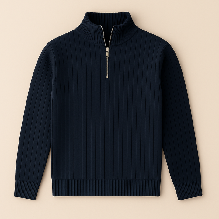 Cozy men's ribbed half-zip sweater in grey, designed for warmth and a modern casual look.