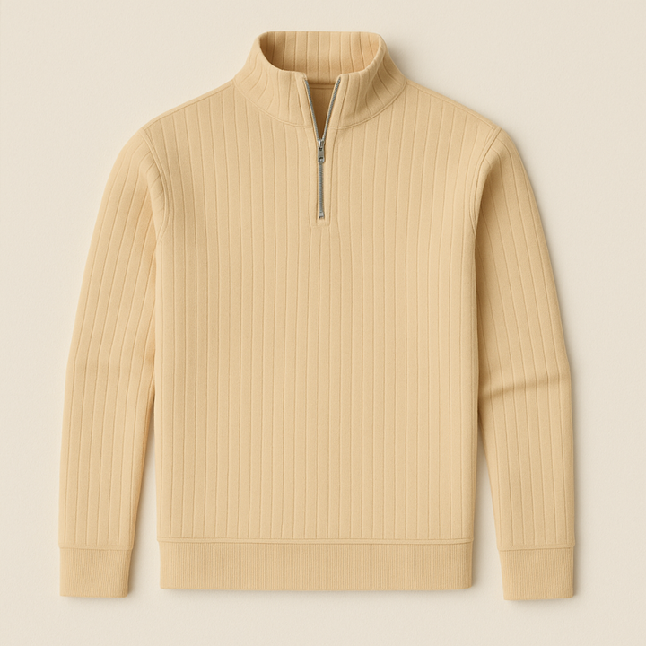 Warm men's ribbed half-zip sweater, a versatile long-sleeve pullover for chilly days.