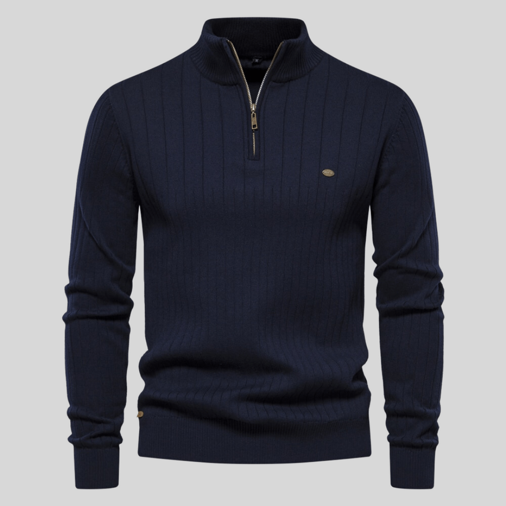 Men's ribbed half-zip sweater in a classic knit, perfect for smart layering and versatile winter fashion.