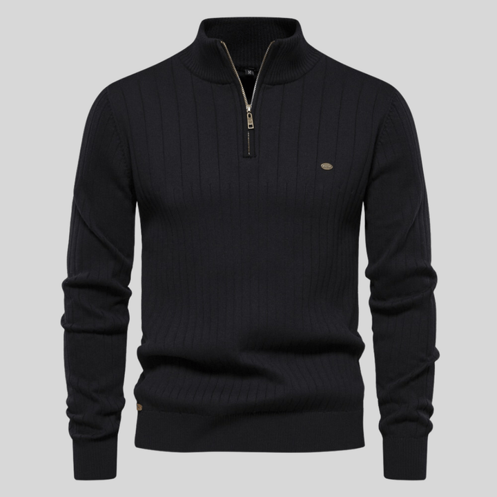 Modern men's half-zip sweater with ribbed detailing, offering a comfortable fit for any autumn or winter ensemble.