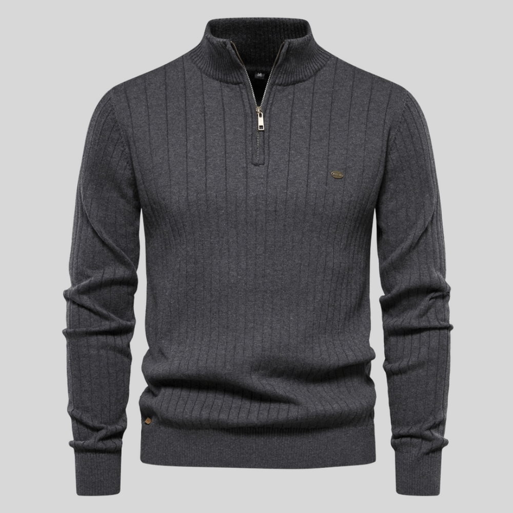 Versatile men's mock neck half-zip pullover, perfect for transitioning from office to casual evening wear.
