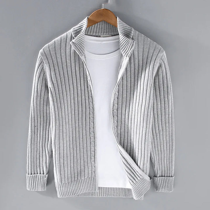 Men's ribbed knit full-zip sweater, cotton blend, tailored fit, classic style for elegant layering.
