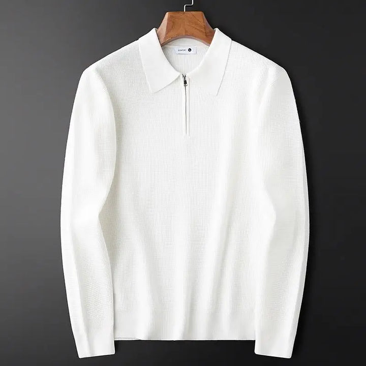 Comfortable men's ribbed quarter-zip sweater in a polo style, perfect for everyday wear.