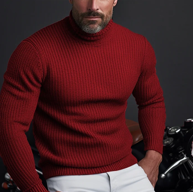 Men's ribbed turtleneck sweater, slim fit knit, warm winter fashion. Stylish long sleeve top for layering.