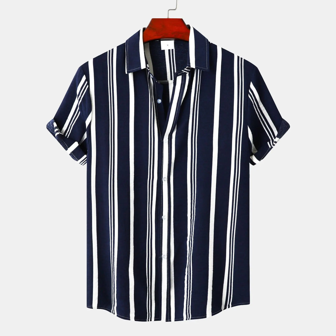 Close-up of Men's Riviera Stripe Button-Down Shirt fabric, showing elegant striped pattern & long sleeves.