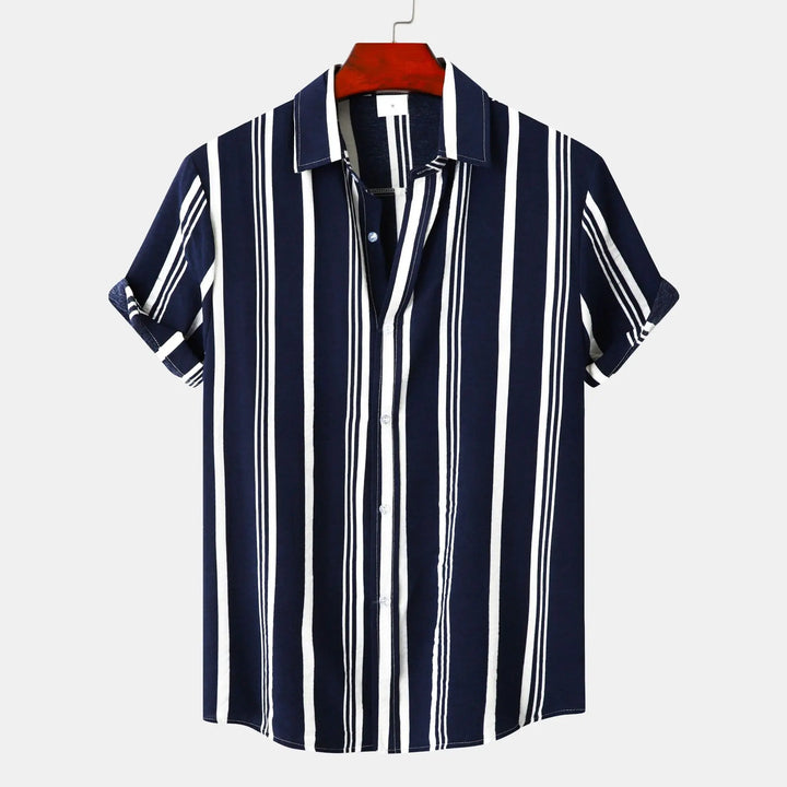 Close-up of Men's Riviera Stripe Button-Down Shirt fabric, showing elegant striped pattern & long sleeves.