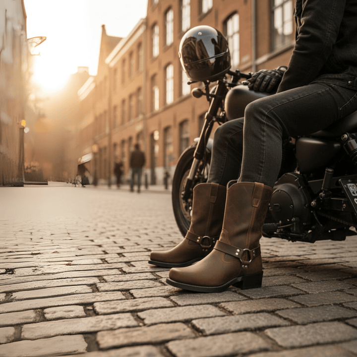 Durable men's work boots: robust harness style with a non-slip, oil-resistant sole for safety and grip.