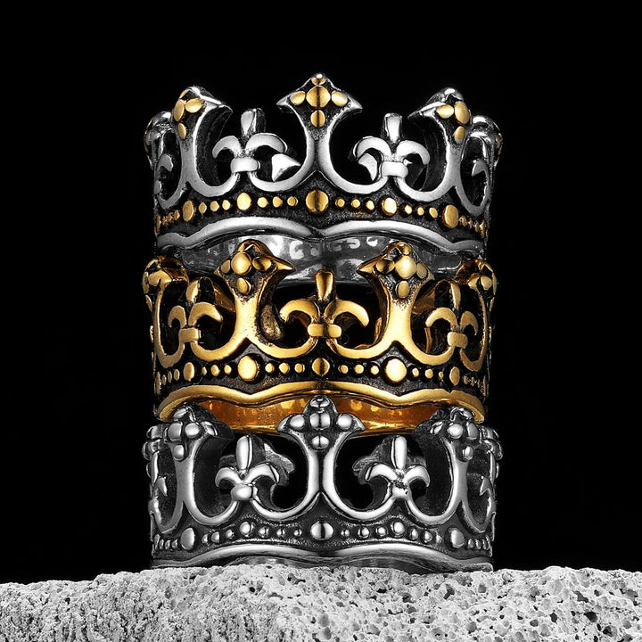 Top view of gold Men's Royal Crown Ring, Kingmaker Edition. Stainless steel vintage statement ring.