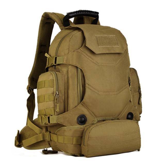 Front view of rugged men's tactical backpack, ready for climbing and excursions