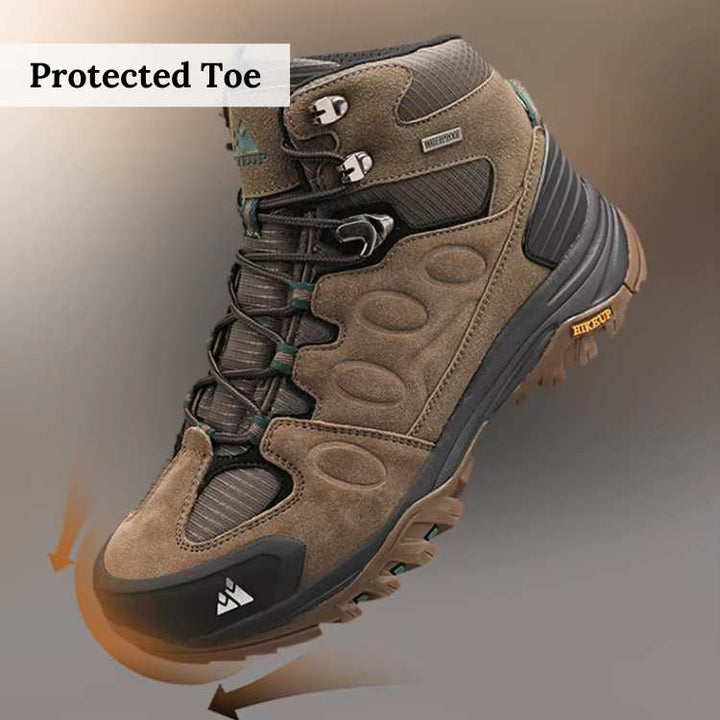 Side view of men's waterproof hiking boots in a forest setting, showcasing rugged fashion.