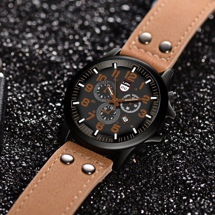 Adventure-ready men's rugged watch with a tough cowhide leather strap. Reliable analog timepiece for explorers.
