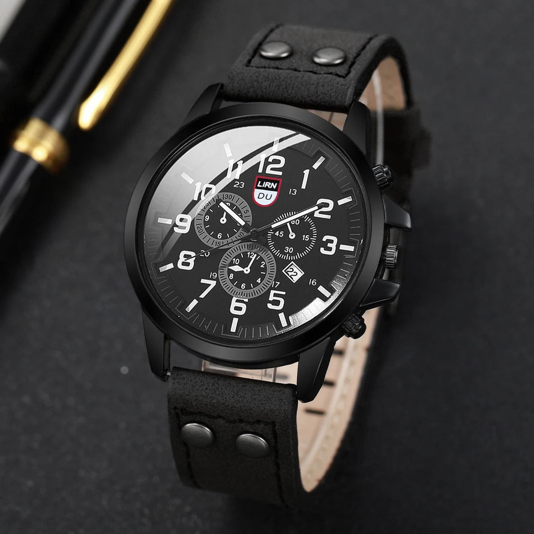 Men's rugged cowhide leather watch on a wrist, highlighting its comfortable fit and military-style aesthetic.