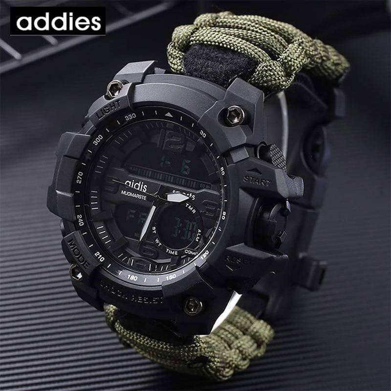 Survival gear: a men's digital sports watch, built for the outdoors, with multiple functions.